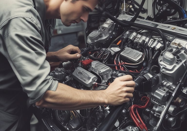 A person with short hair is working on or inspecting a motorcycle, surrounded by multiple bikes. They seem focused, with tools or gear possibly in their hands. The image is in black and white, highlighting the contrast and details in the machinery.