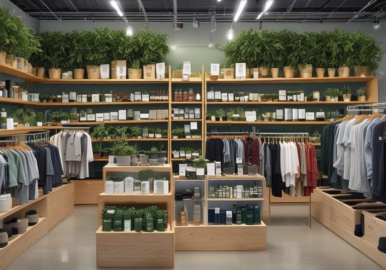 a woman standing in front of a shelf full of bottles of hair