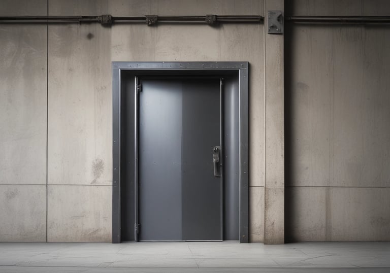 A rustic wooden double door with decorative circular metal elements at the center is set into a brick and plaster facade. Above the door, there is a brick sign with text. An old-fashioned lantern hangs on the right side, and there is a small decorative charm attached to the door. A security alarm and an intercom system are mounted on the left side.