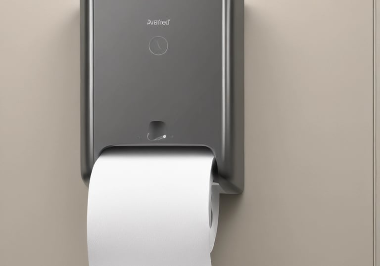 A building featuring a bright yellow door with black hinges and a handle, set within a gray corrugated metal facade. White-trimmed windows flank the door on both sides, with decorative black ironwork details on the glass.