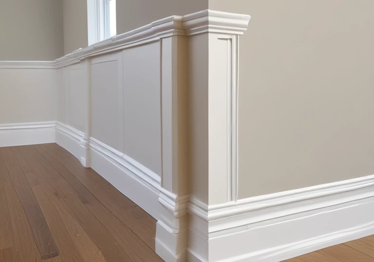 A decorative garage door with horizontal stripes in a variety of bright colors. Above the door is a sign with blue letters reading 'Humber'. The building facade is light-colored and the ground is paved.