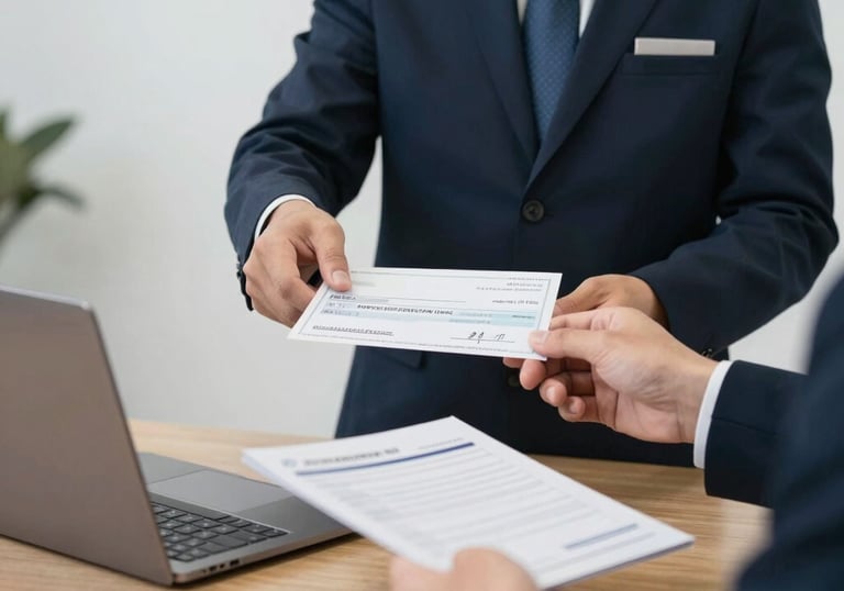 Professional businessman in a suit handing a payroll check to an employee at an office desk with a laptop.