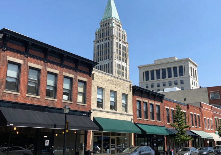 A vibrant city street bustling with people and local shops.