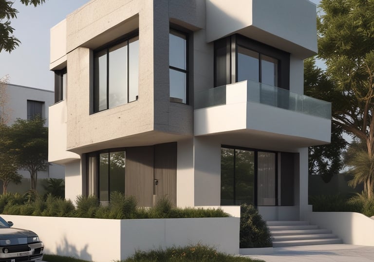 An aerial view of a residential area shows a construction site in the center, surrounded by roads and several houses with red roofs. The site features partially built structures with exposed concrete and construction materials. Greenery and trees fill the surrounding landscape, along with additional houses featuring swimming pools.