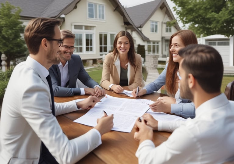 Aerial view of a construction site featuring multiple partially constructed buildings with a combination of flat and sloped roofs. The site is surrounded by a mix of residential houses and green areas. There are construction materials scattered around, and the roads nearby are bordered by trees and small residential properties.