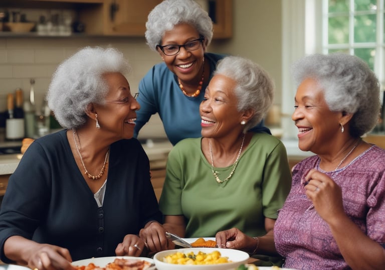Five women are gathered together on a sofa, intently reading papers or pamphlets. The scene appears to be from a past era, as suggested by the vintage style of their clothing. The room is simple with wooden flooring and minimal furnishings, including a closed door and a few chairs in the background.