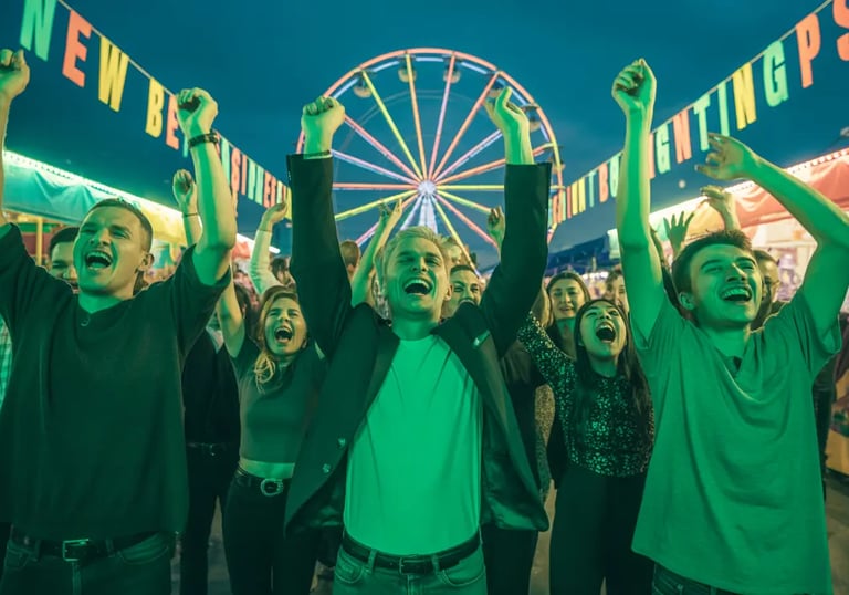 A crowd of emotionally healed people celebrates their financial freedom in joyful unity.