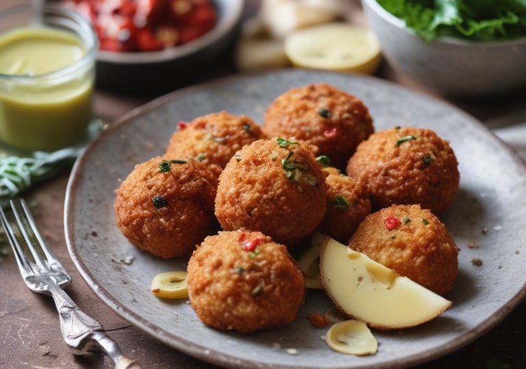 A close-up view of a plate stacked with cannoli, showing their crispy shells filled with creamy filling, dusted with powdered sugar. In the blurred background, a hand reaches towards jars filled with ingredients.