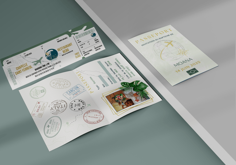 Création de faire part pour un Baptême: thème voyage autour des iles 