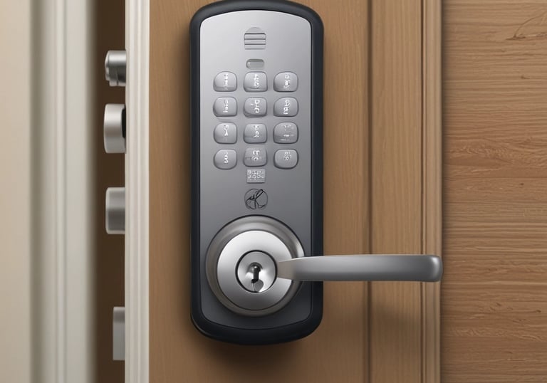 A modern, circular smart thermostat is mounted on a wooden wall. The device displays a message suggesting setup with Wi-Fi and shows the number 50, indicating an indoor temperature setting. The design appears sleek and minimalist.