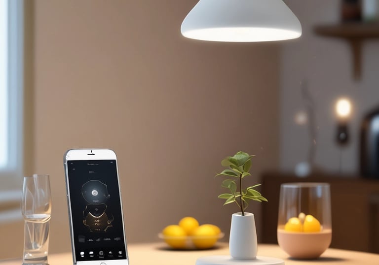 A hand is holding a boxed product labeled 'Home' with the Google logo, indicating it's a voice-activated speaker by Google. The background includes a partially visible tree and a room setting with a fireplace.