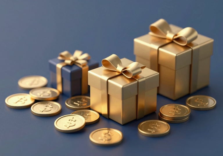 A stylized image of overflowing gold coins and luxury gift boxes on a professional dark blue surface, representing exclusive rewards.