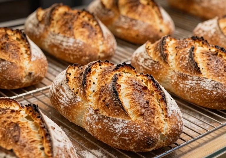 A selection of golden-brown braided sourdough loaves resting on a rustic cooling rack in a local bakery stall. Light dustings of flour and a warm, inviting glow emphasize the handmade quality.
