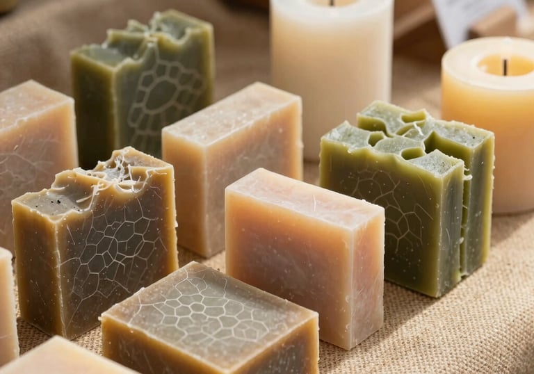 A detailed shot of handcrafted soaps and beeswax candles displayed on a natural burlap cloth at a Midwestern market. The scene is illuminated by soft, warm daylight, highlighting the organic textures and olive green accents.