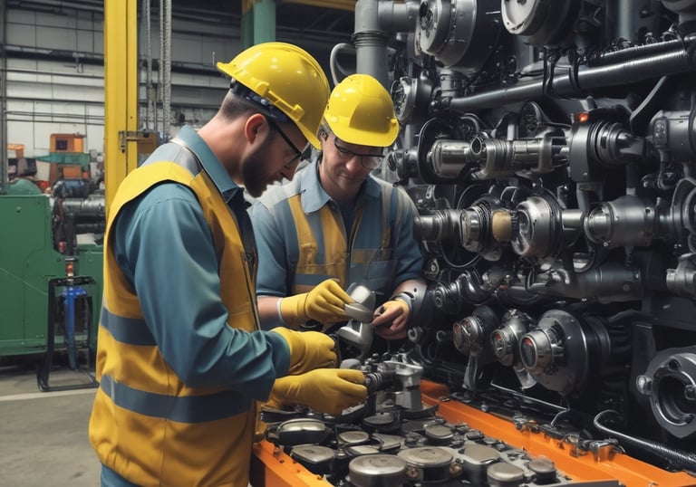 Technician performing industrial equipment maintenance in a factory setting.