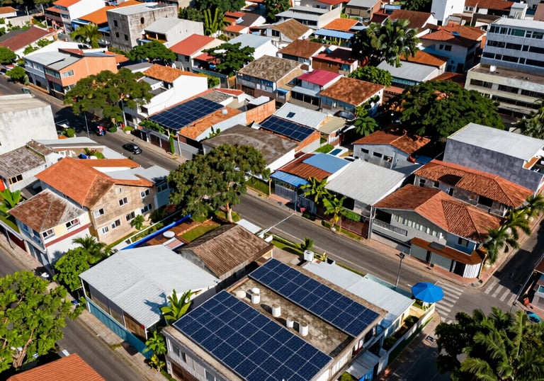 An aerial view of a vibrant Brazilian city neighborhood with several houses featuring solar panel installations, bright day lighting, eco-friendly urban scene.