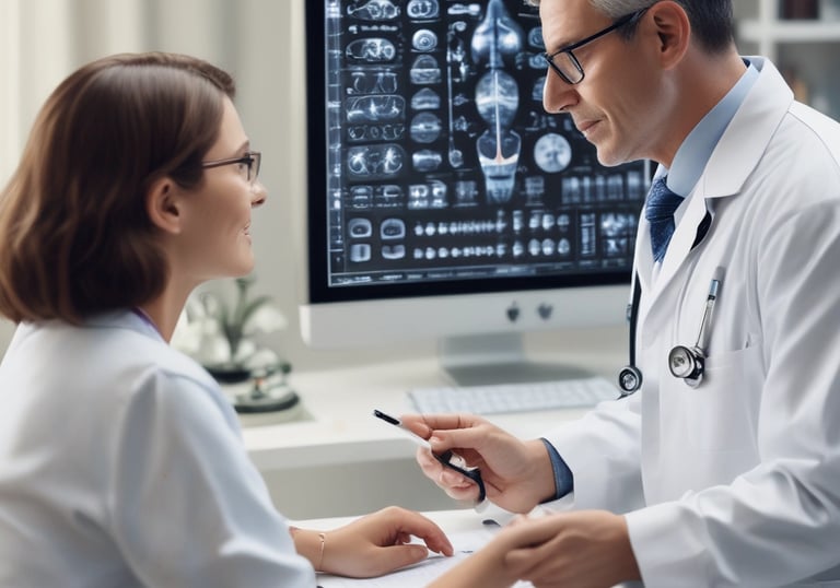 A doctor consulting with a patient in a modern, comfortable office.