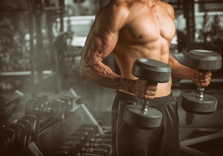 a man with a muscular body and a dumbble