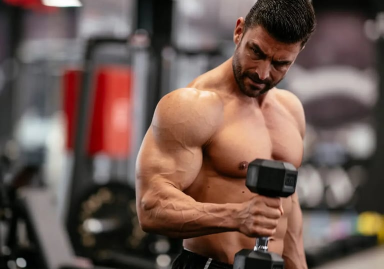 a man in a gym suit is holding a dumbble