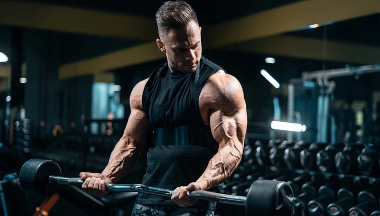 a man in a black tank top and a barbell