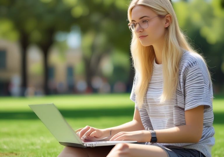 A university campus with students walking and engaging in discussions.