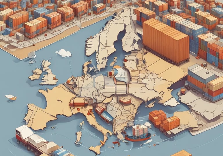 A map of Europe with logistics routes highlighted, showing cross-border connections.