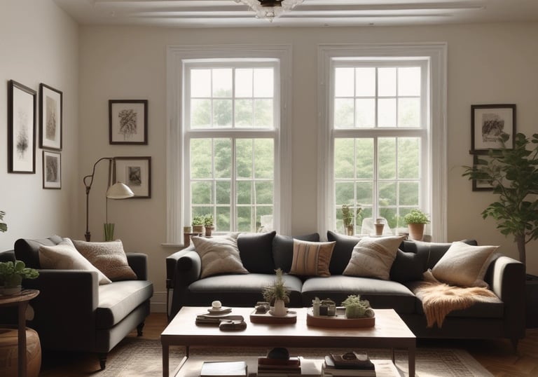 A clean and organized living room with sunlight streaming through the windows.