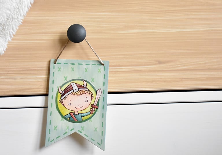 Viking themed illustrated wooden banner, green kids' room decoration painted banner