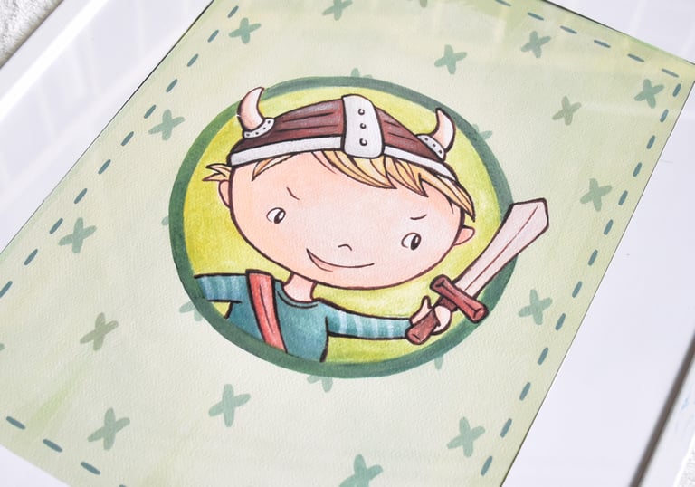 Viking themed illutration, painted nursery decoration art print