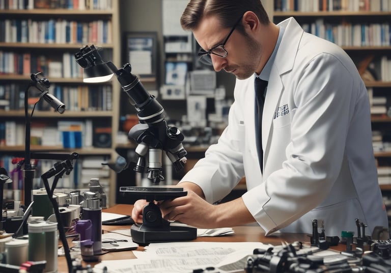 A person with disheveled hair is closely examining a piece of paper using a small magnifying lens. Wearing a green shirt, they appear focused in a well-lit room with another person in the background also looking at something. The scene suggests an environment of detailed inspection or analysis.