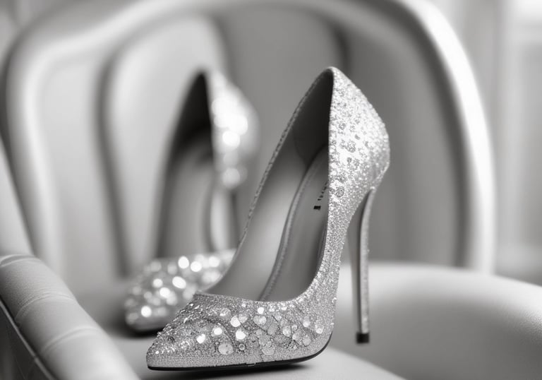Two elegant white high-heeled sandals with thick ankle straps are placed on a floral upholstered vintage sofa. The background is softly blurred, highlighting the shoes.