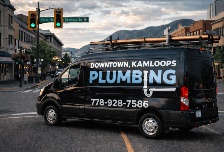 Professional plumbing van parked downtown Kamloops, clear branding, visible contact.