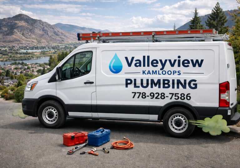 Professional Valleyview Kamloops plumbing service van with mountain backdrop and contact number.