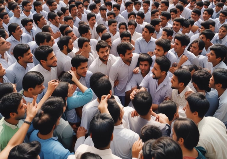 A group of people are marching in a city street, holding signs with slogans like 'Freedom Movement.' The crowd consists of men and women of various ages, some dressed casually, with one individual speaking through a megaphone. The scene is set against a backdrop of historic buildings.