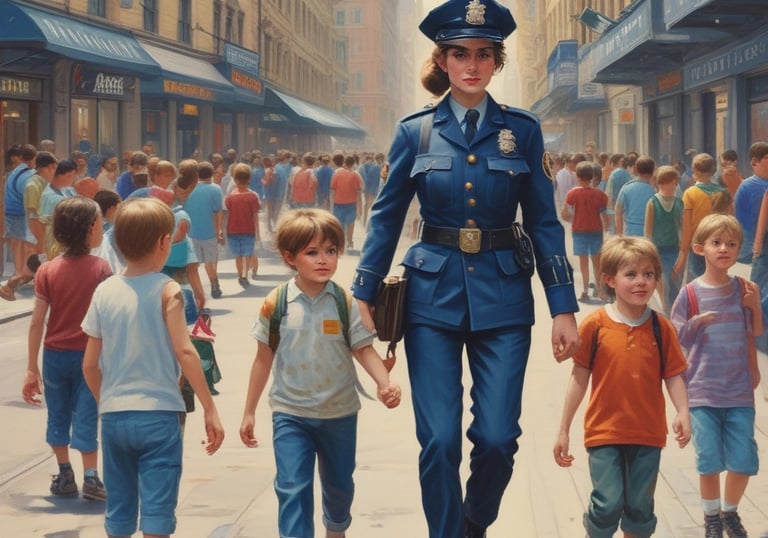 a police officer walking down a street with children