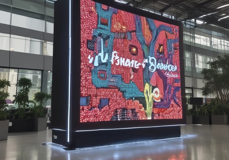 An outdoor advertising board is displayed on a brick wall with some trees partially obscuring it. The board features an illustration of a vintage television showing animated characters and a hand holding a remote control. Text in a foreign script is present on the left side of the billboard.