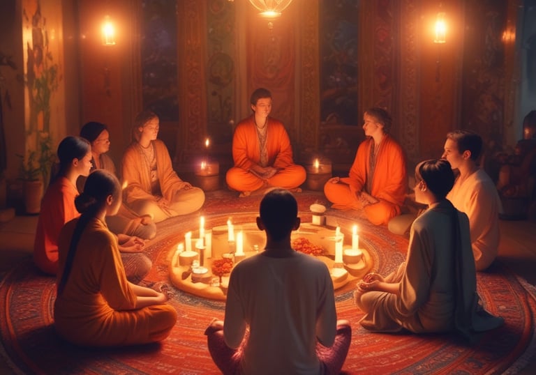 A person is sitting cross-legged on the ground in a meditative pose with hands pressed together near the forehead, located at a serene temple setting with stone carvings. The person is wearing a white tank top and patterned sarong, surrounded by scattered flower petals on the ground.