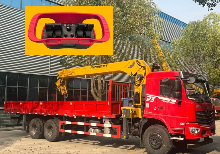 Red Dongfeng D3 truck equipped with a ZORYLIFT radio controlled telescopic boom crane (lorry mounted crane)