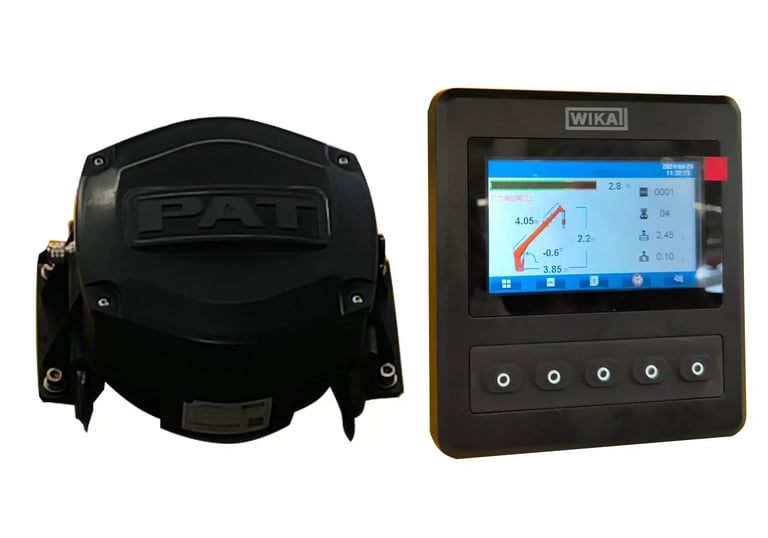 Truck crane LMI system with WIKA display & PAT parts. Shows load, angle, radius vs. load chart to prevent exceeding max momen