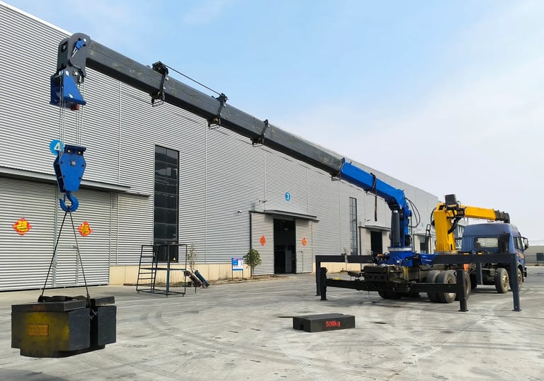 Blue SQS250G-5 10-ton truck mounted (lorry) crane undergoing load test in factory yard. Extended boom, test weight on hook.