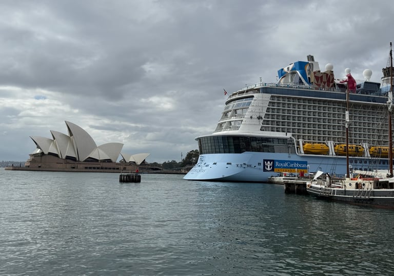 Royal Caribbean Quantum of the Seas docked in Sydney with Sydney Opera House in the background
