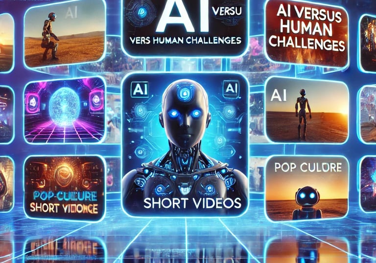 Futuristic digital interface with holographic screens showcasing AI-generated videos and creative st