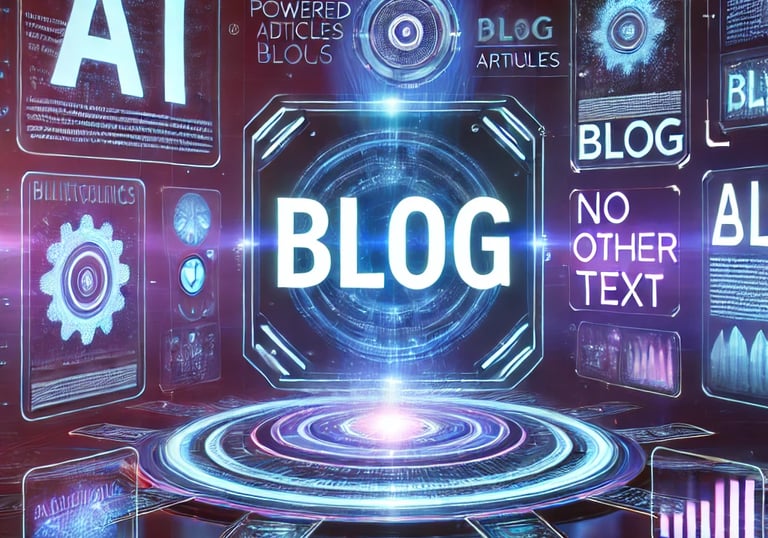 Futuristic interface showcasing an AI-powered blog with glowing holographic panels and the word ‘Blog’ displayed.