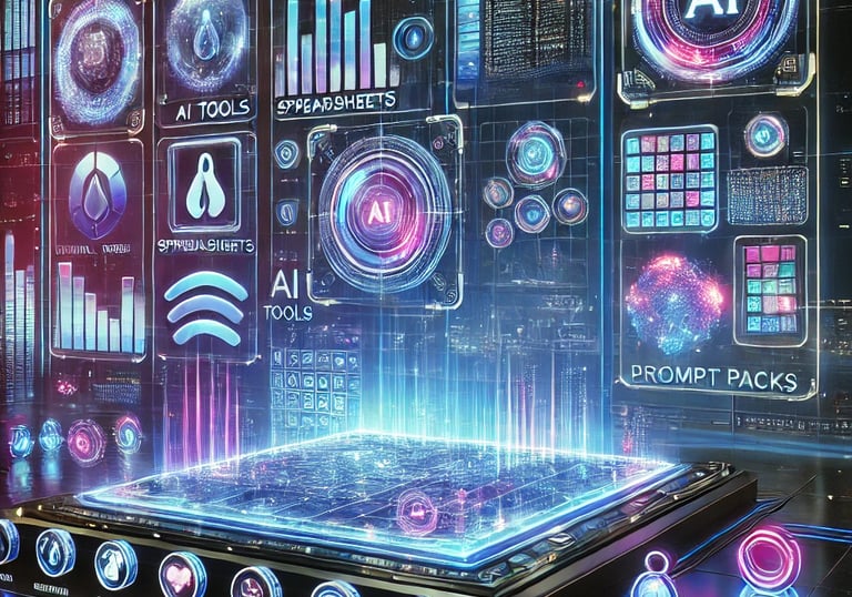 Futuristic workspace with holographic AI tools, digital products, and custom GPT interfaces in vibrant neon lights.