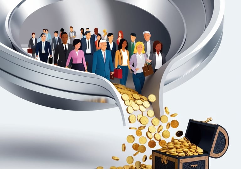 a group of people standing around a chest of gold coins. Sales funels whith people and gold coins.