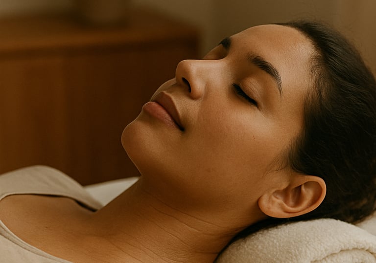 a woman is laying on a massage couch relaxing