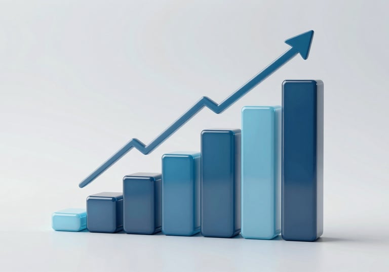 A stylized 3D bar chart showing upward growth, sleek glass texture, using the #21364F and #6C8CA3 palette, clean professional look.