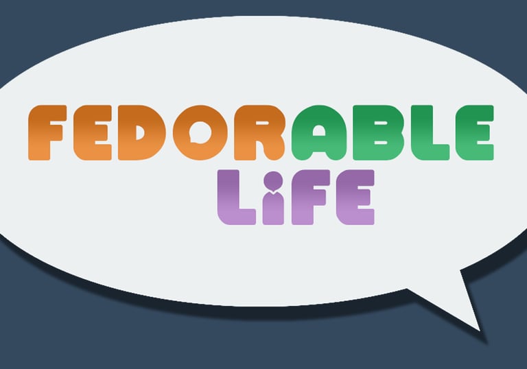 Speech bubble with the game logo Fedorable Life in the center