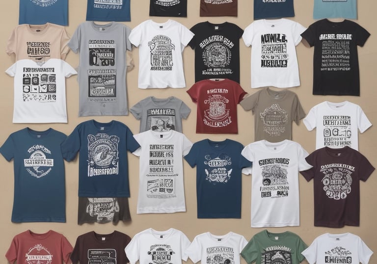 A storefront display of T-shirts, featuring various designs. The shirts depict famous characters with a twist, Mexican cultural symbols, and humorous or bold statements. There's a blend of black, white, and colorful tees, some with logos and others with illustrations. The reflection of the street and people can be seen in the glass.