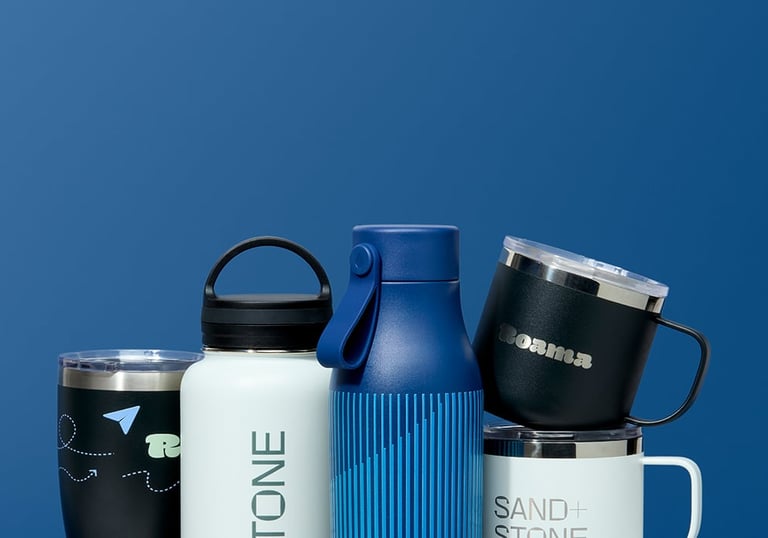 Custom printed mugs and water bottles merchandise